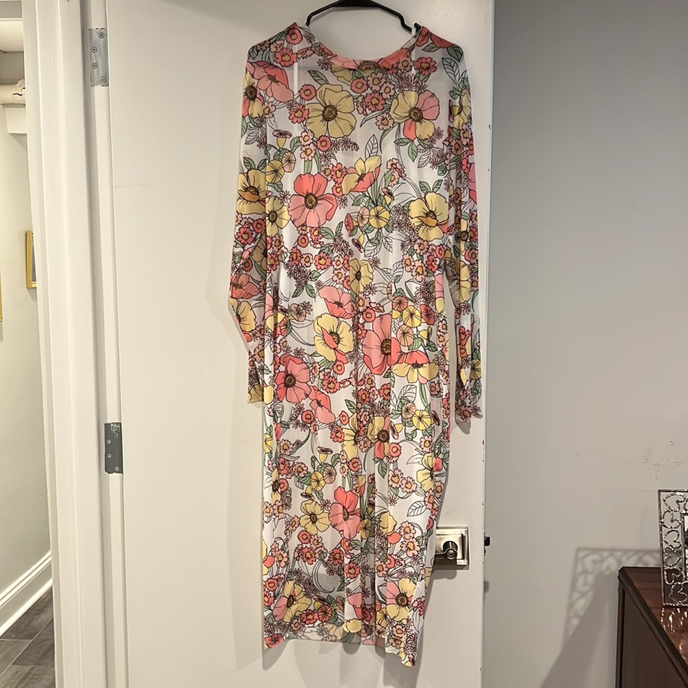 AFRM Floral Long Sleeve Mesh Midi Dress White Vintage Pink Yellow Flowers